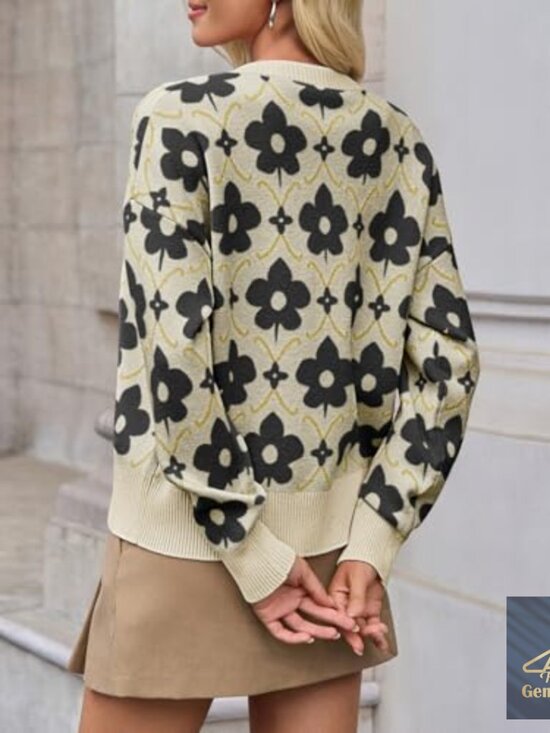 Floral Cardigan Sweater Long Sleeve Open Front Button Down Knit Retro - Picture 6 of 7